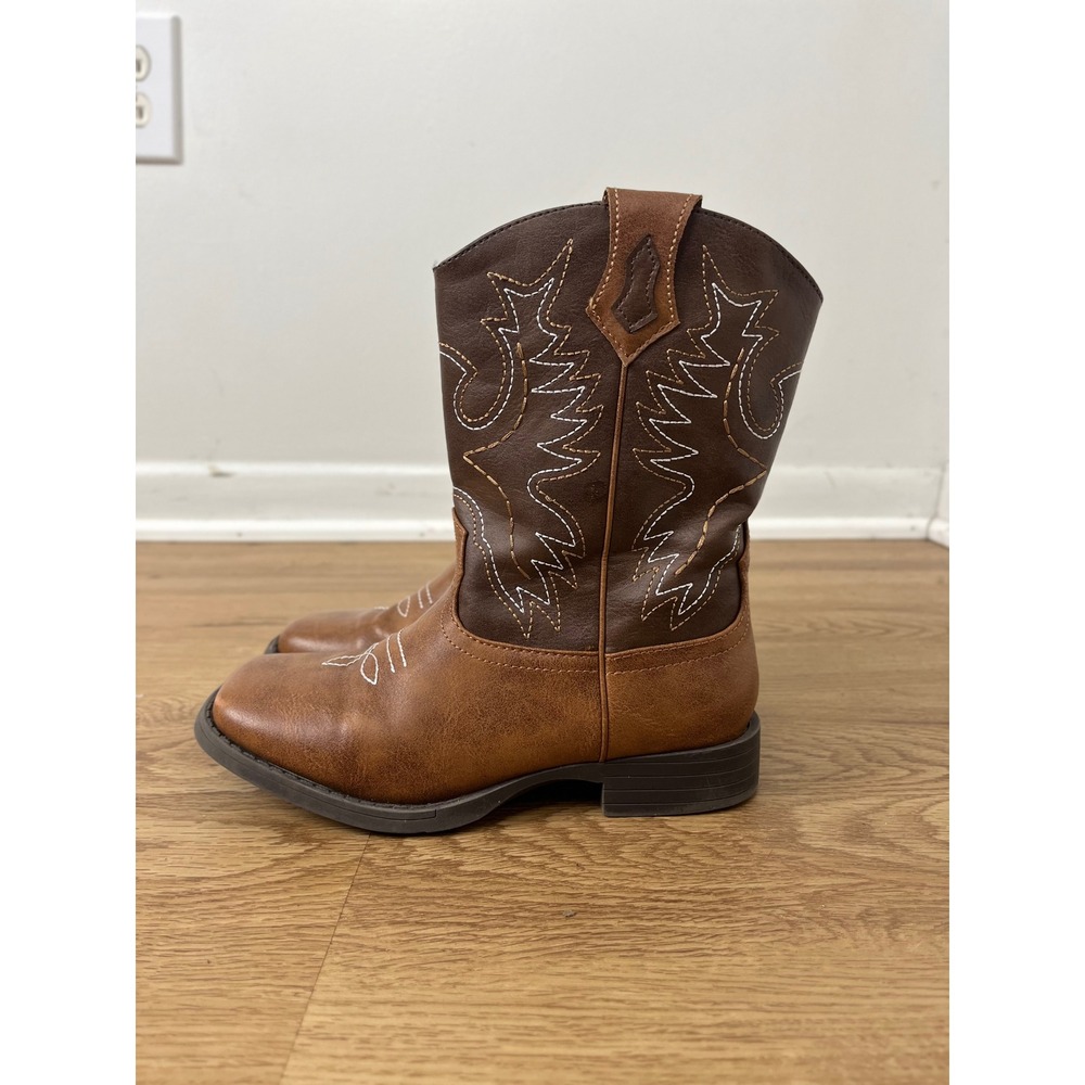 Wonder Nation Western Cowboy Boots Kids Size 1 Brown Contrast Stitch Square Toe